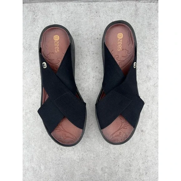 BZEES Desire Slide Sandals Black Elastic Crisscross Comfort Wedge Size 9.5M - Picture 4 of 8